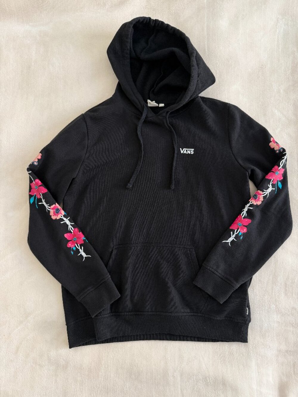 Vans Barbed Floral Hoodie Womens M Black Flower Sleeve Pullover Skate